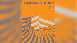 Image of the "Transportation" Journal cover from an early volume. Orange background with gray artistic abstract elements that take up the bottom of the cover. 
