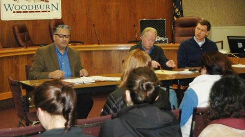 The class attends a panel hosted by City of Woodburn staff to discuss an urban renewal project in its downtown. Photo courtesy of Gerardo Sandoval.