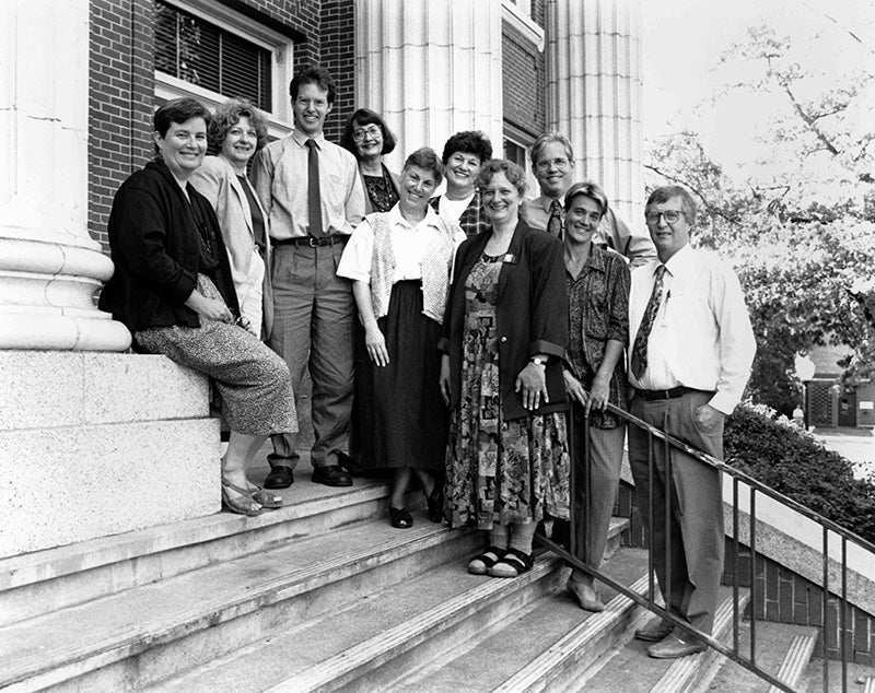 Pictured on the steps of Johnson Hall are the initial 1993 faculty members, advisers, and instructors for the Arts and Administration Program