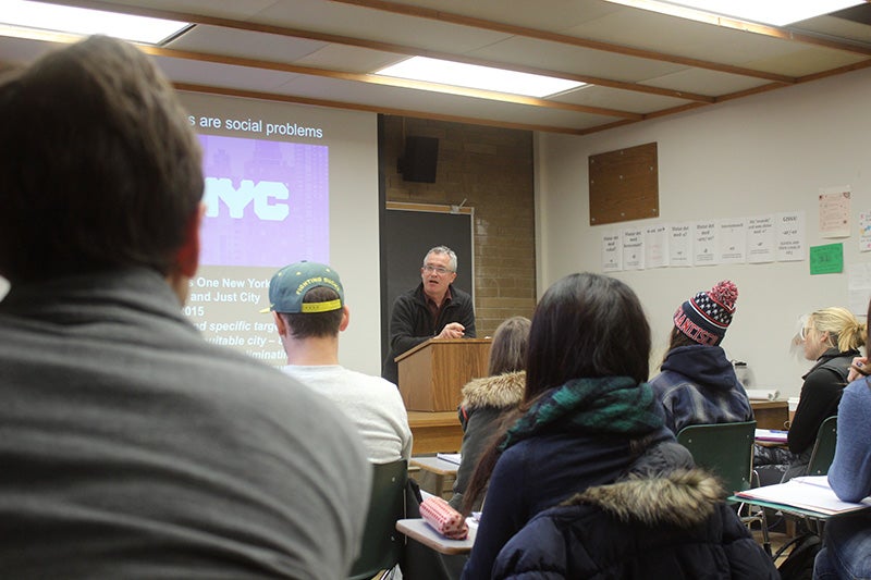 A&AA Interim Dean Brook Muller speaks during the Inclusive Urbanism class the first week of winter term.