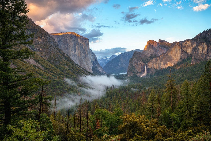 Scenic view of Yosemite National Park that shows mountains, trees and blue sky.