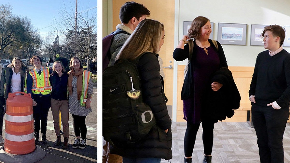 A group of students standing in an intersection and a group of students at the library