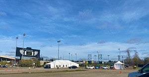 A photo of the COVID-19 vaccination clinic at Autzen Stadium
