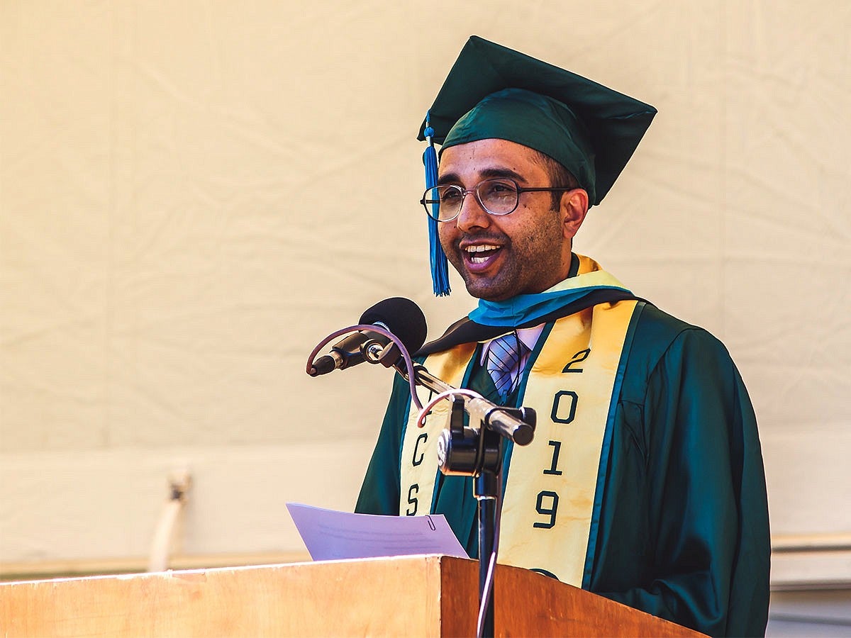 Agraj Dangal speaking at commencement