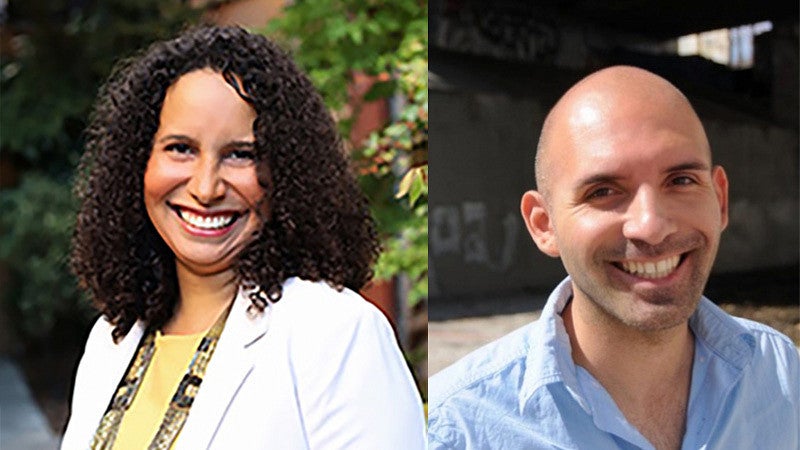 Two-up of Reyes-Santos and Arroyo. Two photos of a woman smiling and a man smiling.