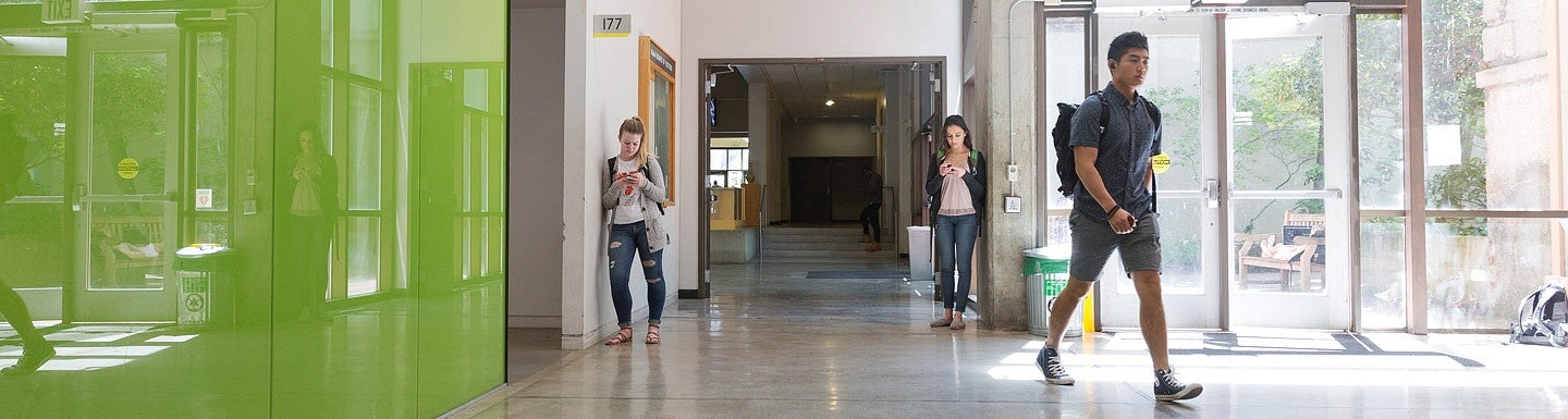 students in hallway in Lawrence Hall