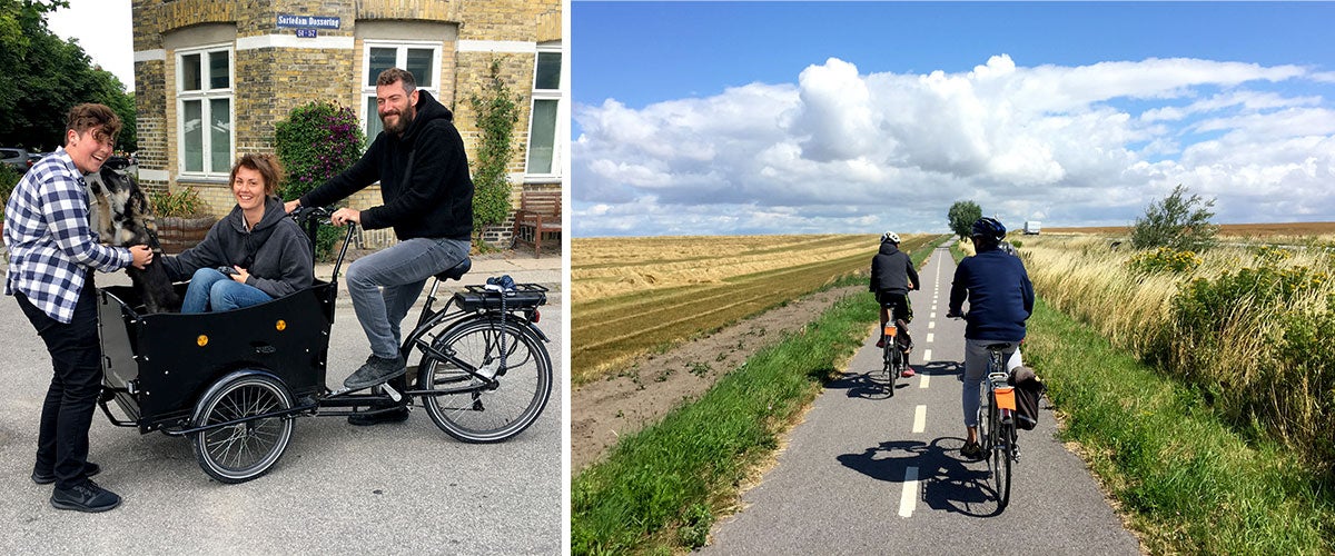 Three people with a dog and a bike outside; People biking through countryside